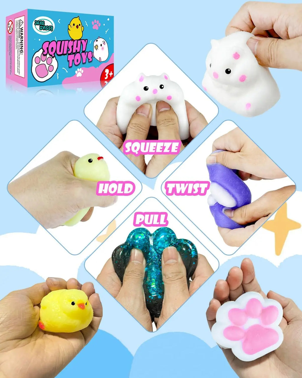 Taba Squishy Toys Pack — Cat Paws Chick Hamster Fidget Set for Kids