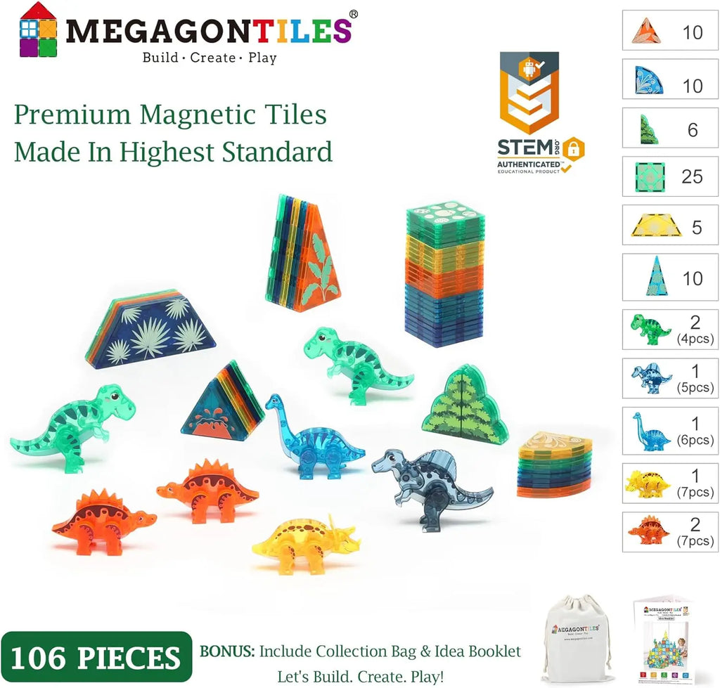 106 PCS Dinosaur Magnetic Tiles Set,Magnet Building Blocks Dino World Toys,TEM AUTHENTICATED,Magnet Tiles Animals for Toddlers B