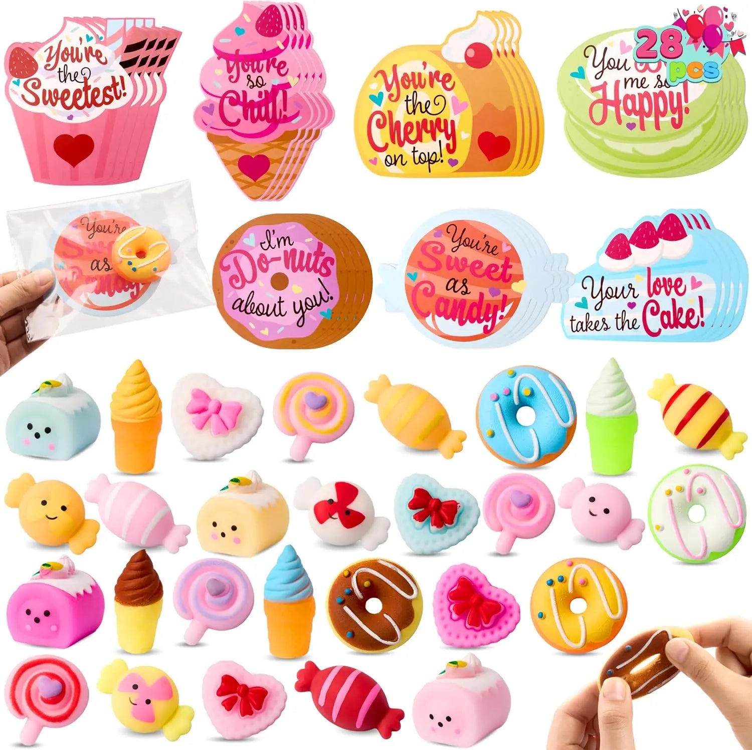 28-Pack Valentine's Day Gift Cards with Mochi Squishy Toys for Kids