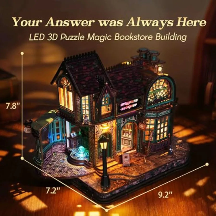 3D Wooden Puzzle Magic Bookstore with LED Lights - DIY Miniature Kit for Home Decor Display, Spellbound Bookshop in Warm Brown,