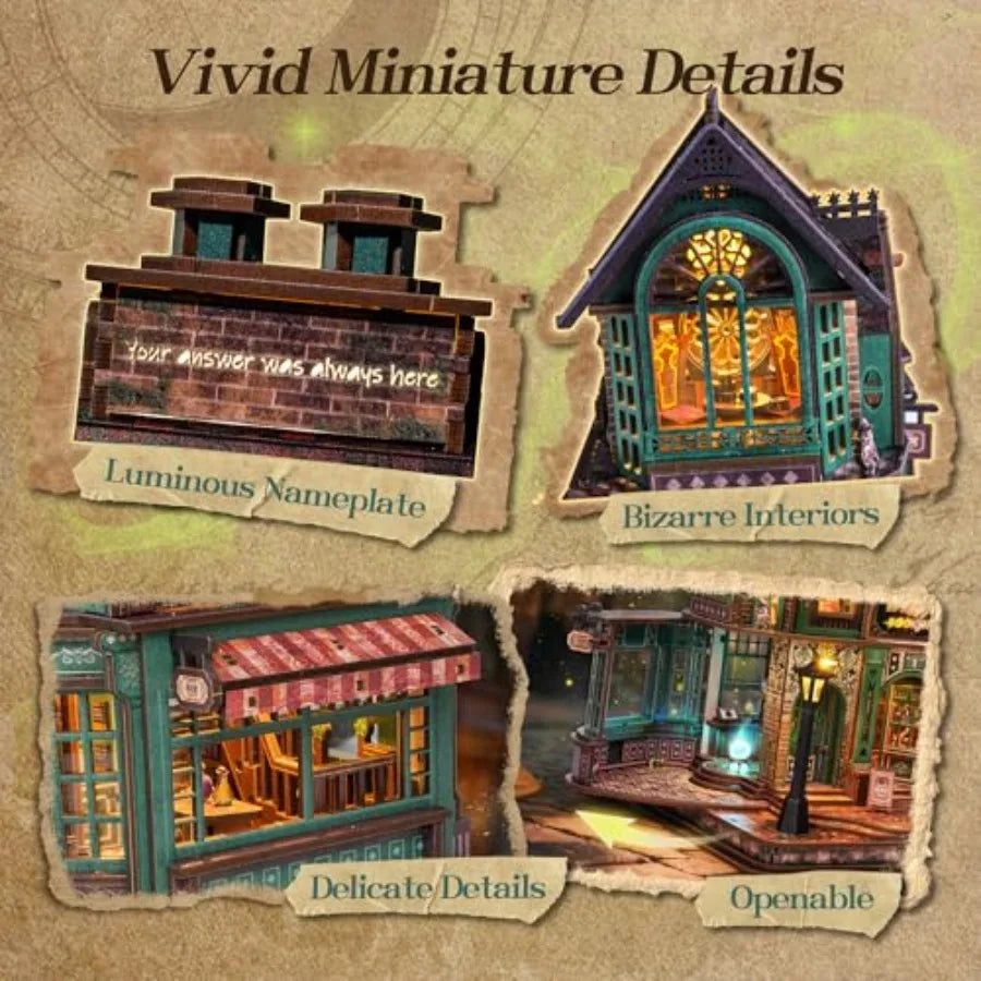 3D Wooden Puzzle Magic Bookstore with LED Lights - DIY Miniature Kit for Home Decor Display, Spellbound Bookshop in Warm Brown,
