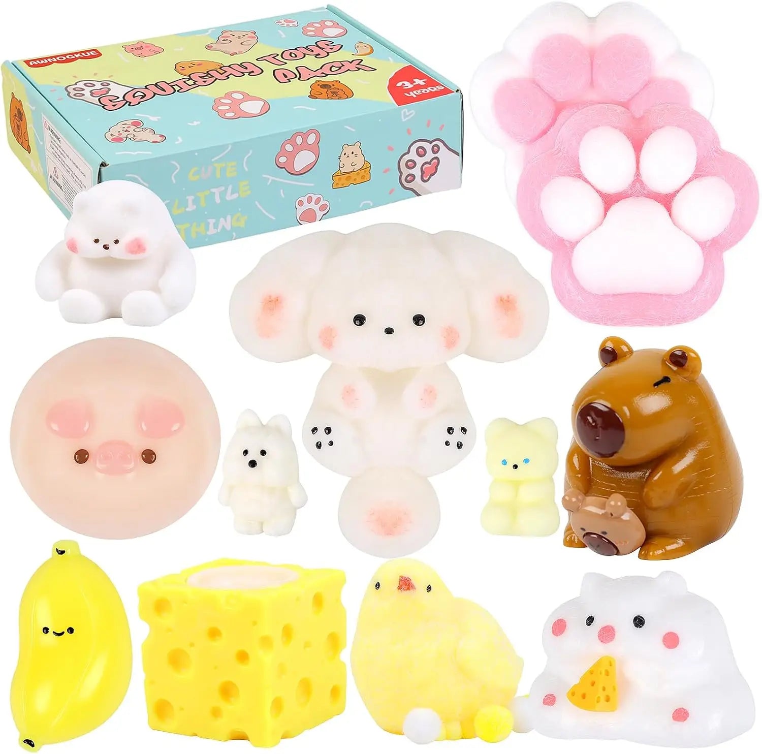Taba Squishy Toys Kit 12-Pack — Fufu Paw Hamster Chick Dog Bear Set