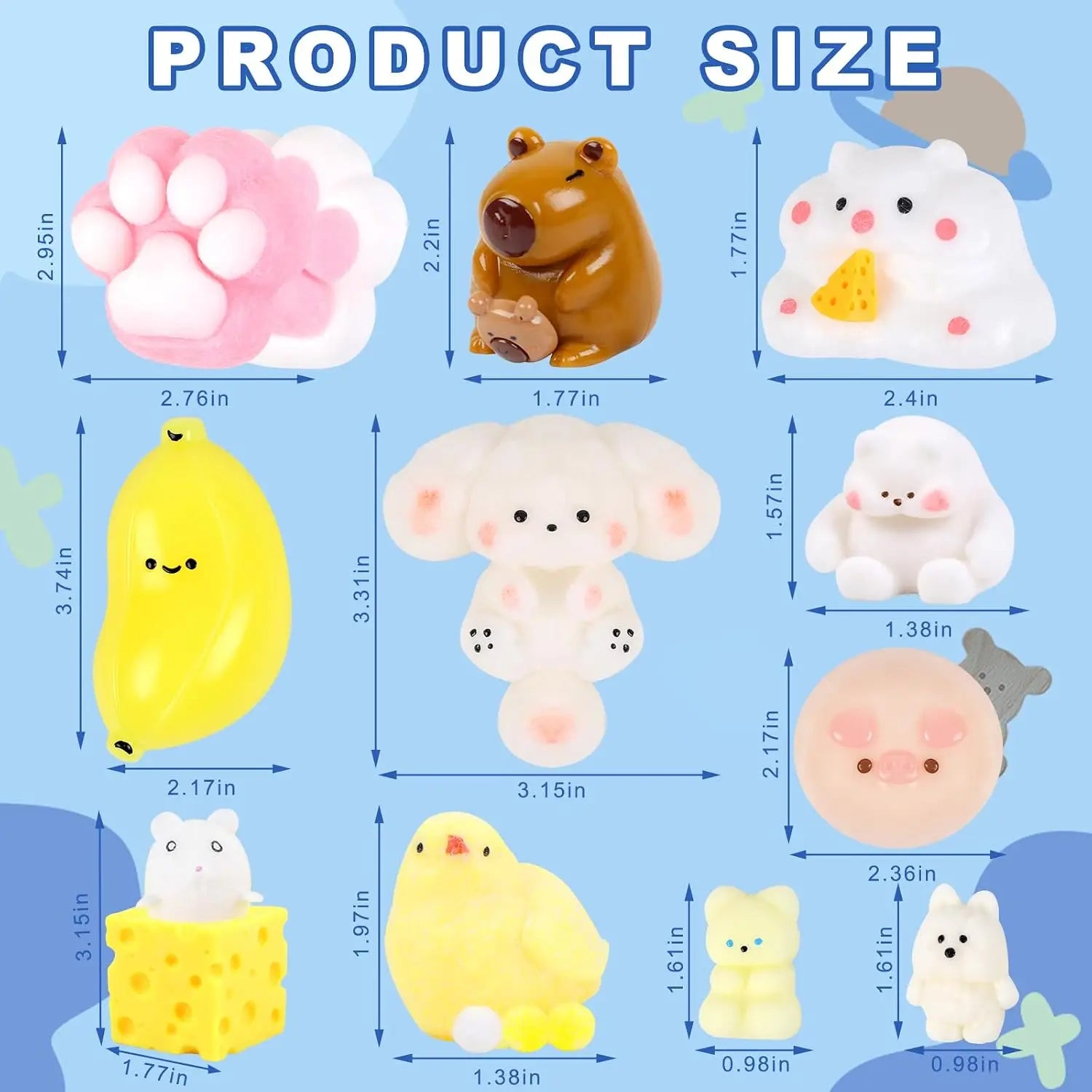 Taba Squishy Toys Kit 12-Pack — Fufu Paw Hamster Chick Dog Bear Set