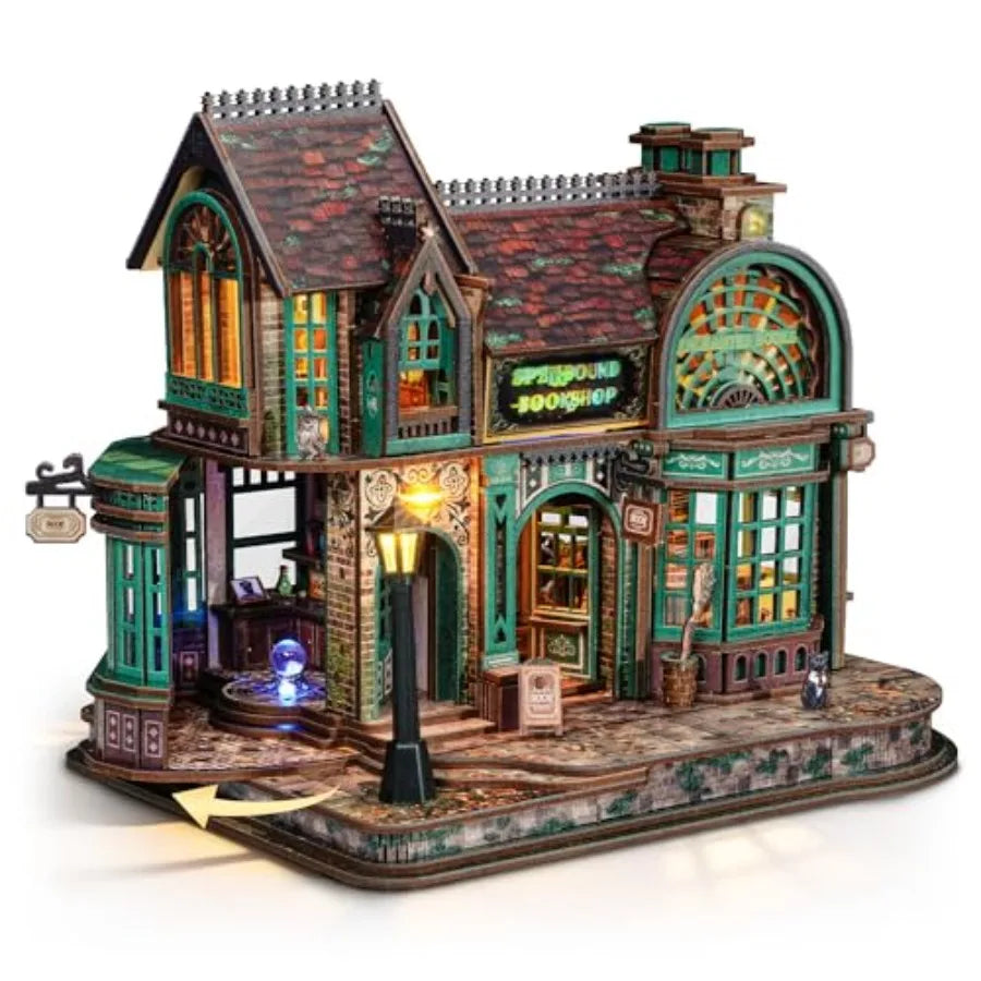 3D Wooden Puzzle Magic Bookstore with LED Lights - DIY Miniature Kit for Home Decor Display, Spellbound Bookshop in Warm Brown,