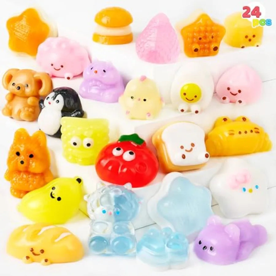 24-Pack Kawaii Taba Squishy Toy Keychains — Animal and Food Fidget Set