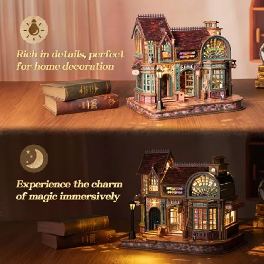 3D Wooden Puzzle Magic Bookstore with LED Lights - DIY Miniature Kit for Home Decor Display, Spellbound Bookshop in Warm Brown,