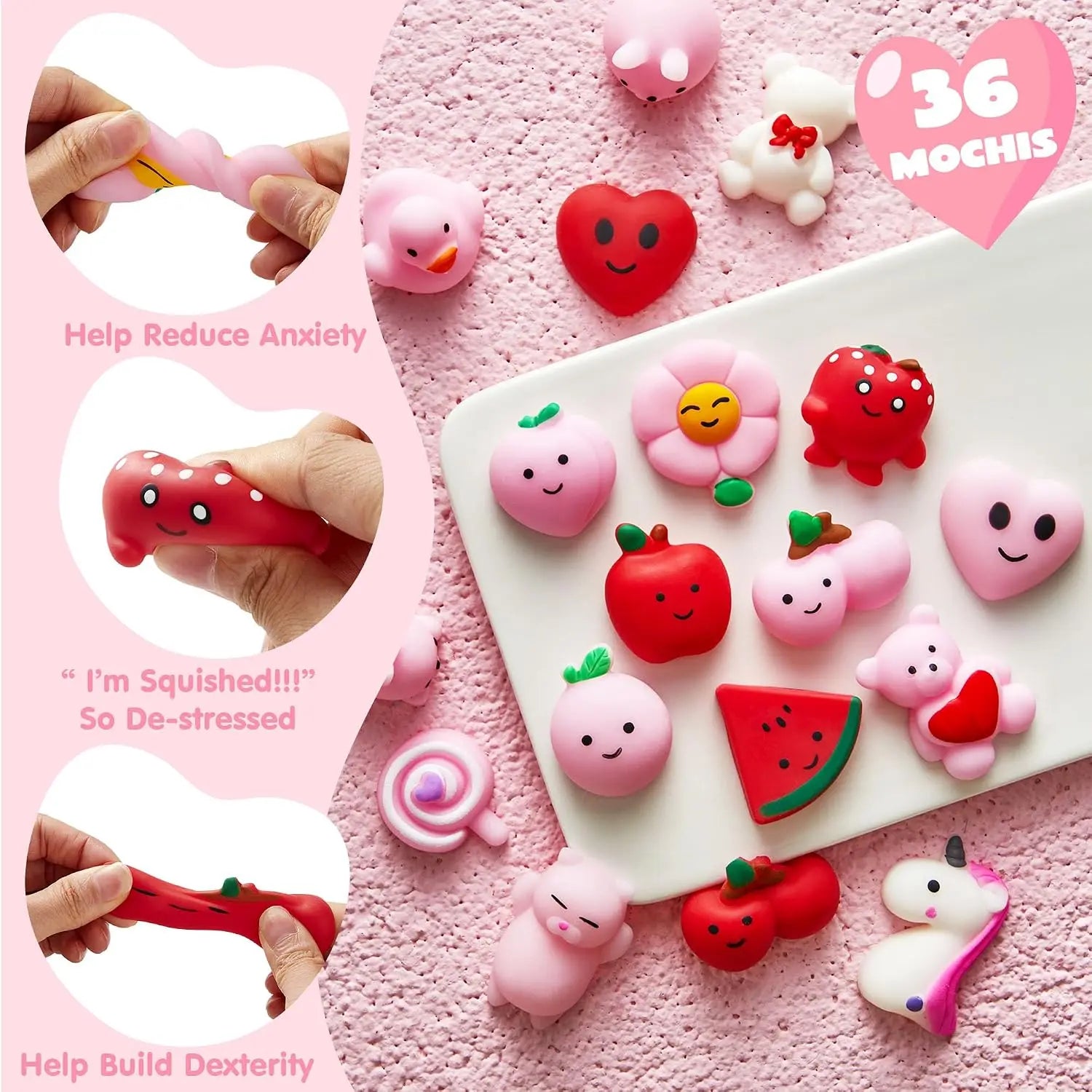 36-Pack Valentine's Day Mochi Squishy Toys — Stress Relief Party Favors
