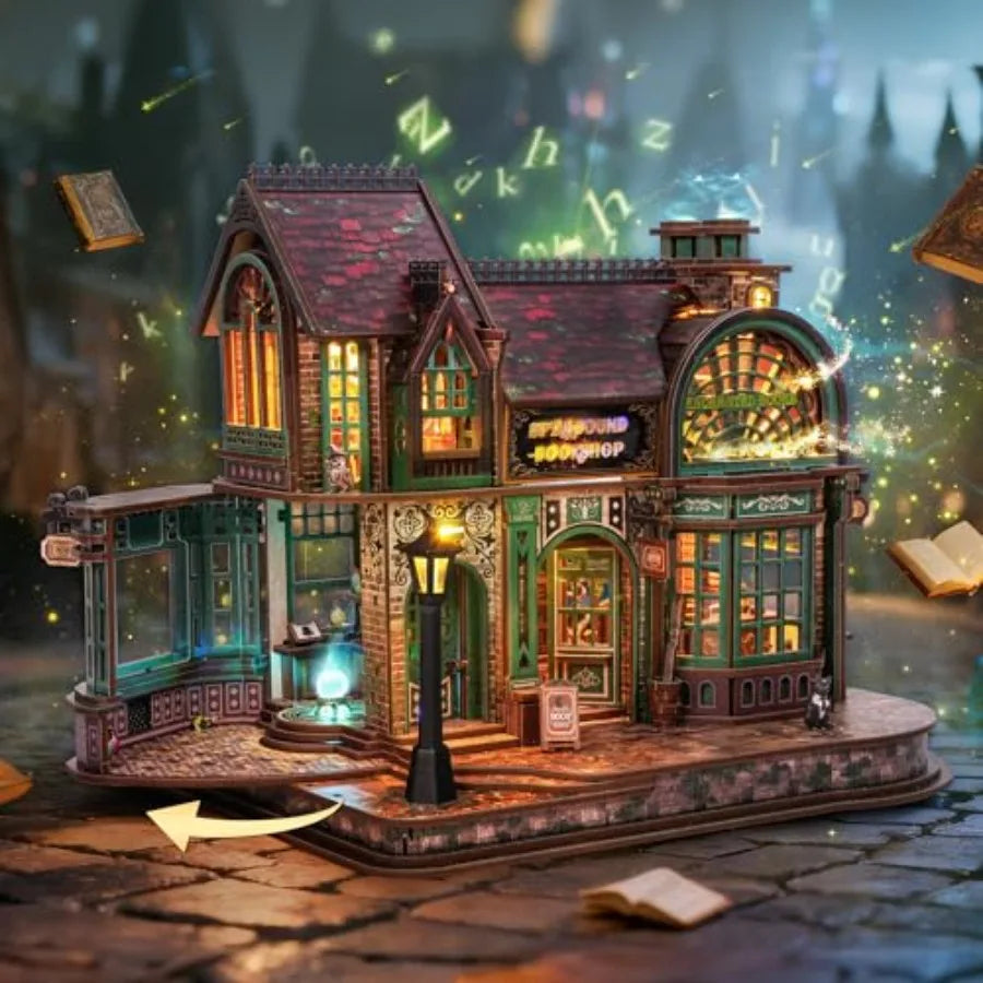 3D Wooden Puzzle Magic Bookstore with LED Lights - DIY Miniature Kit for Home Decor Display, Spellbound Bookshop in Warm Brown,