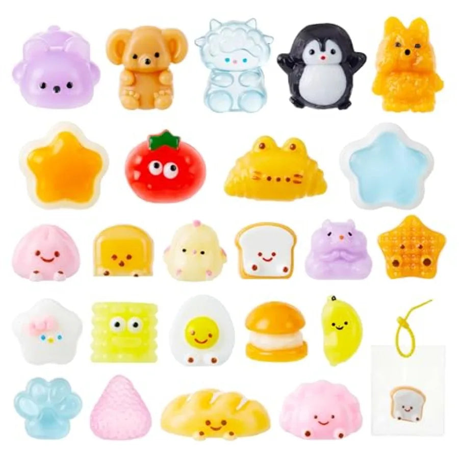 24-Pack Kawaii Taba Squishy Toy Keychains — Animal and Food Fidget Set