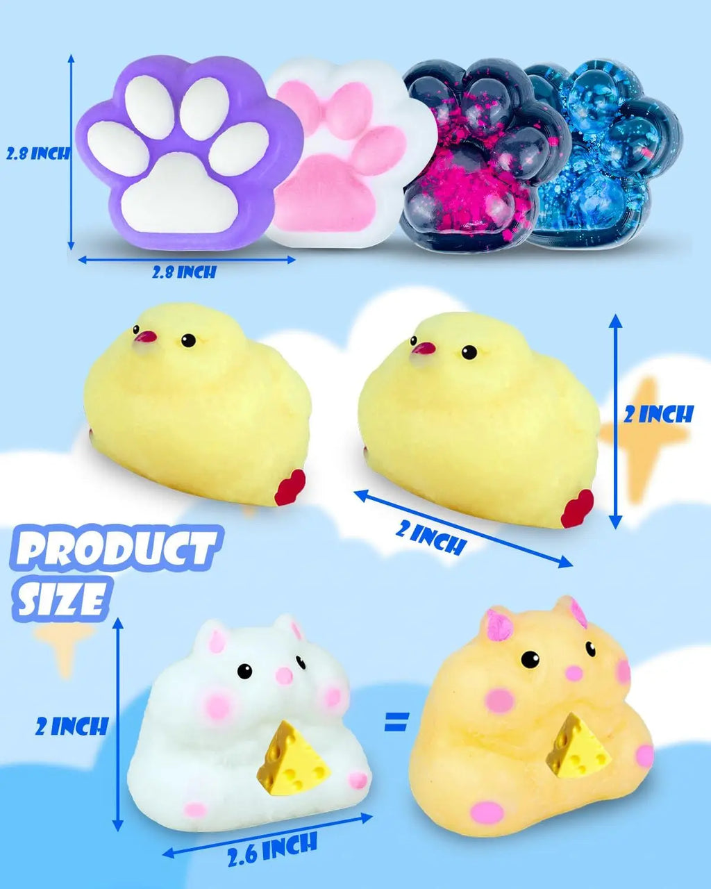 Taba Squishy Toys Pack — Cat Paws Chick Hamster Fidget Set for Kids