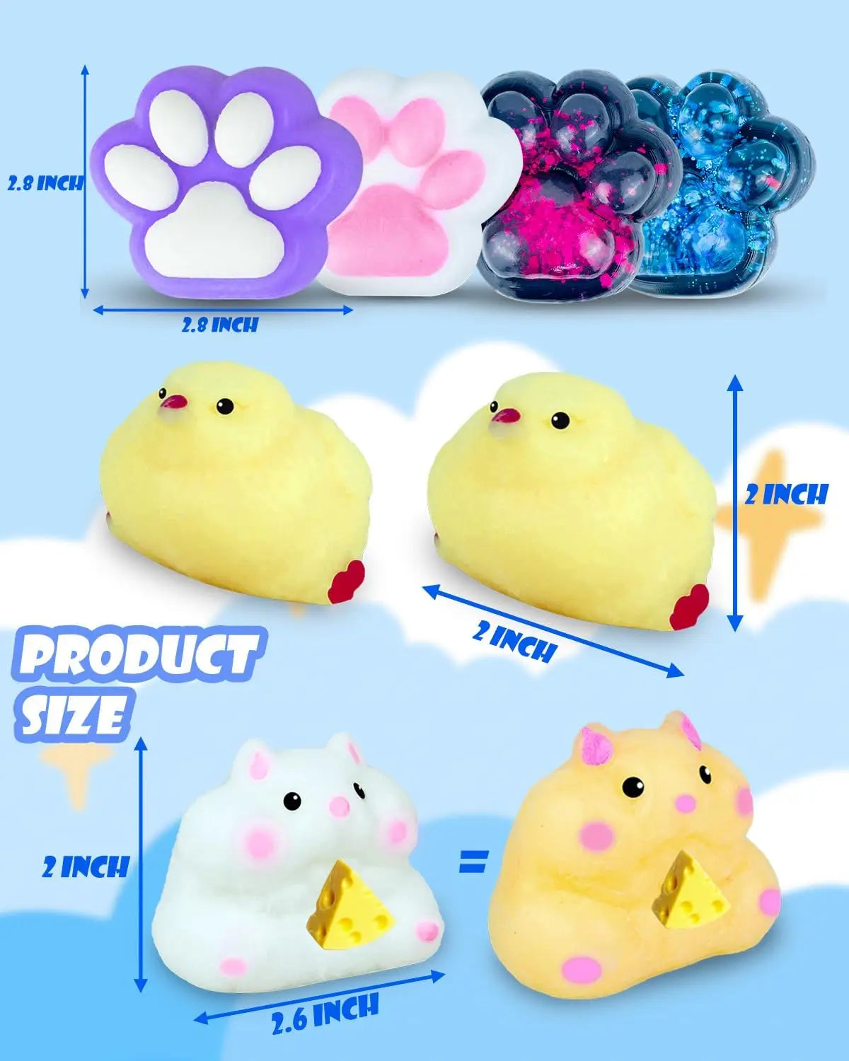 Taba Squishy Toys Pack — Cat Paws Chick Hamster Fidget Set for Kids